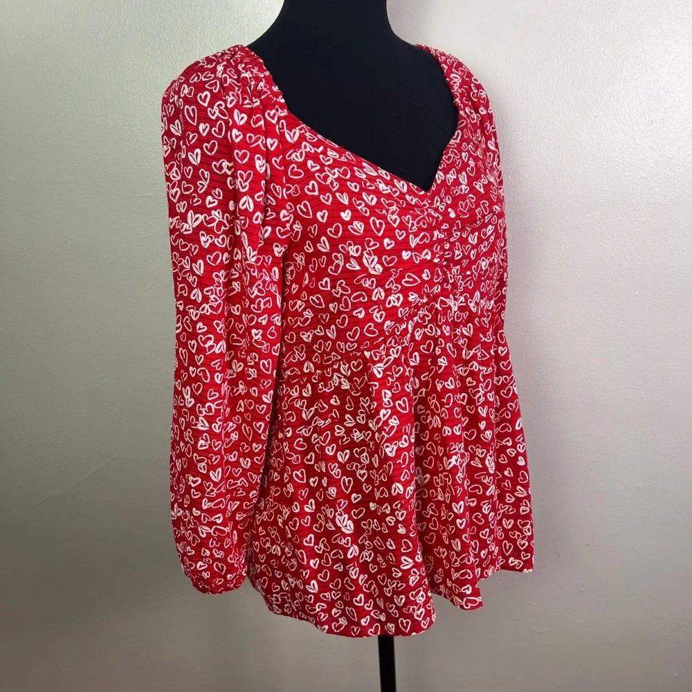 LOFT Petites Red White Heart Print Smocked Square Neck Long Sleeve Top Size 6P - Picture 4 of 10